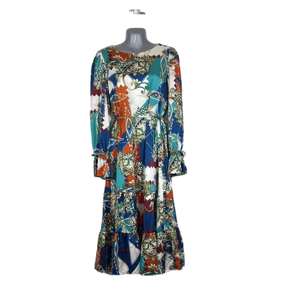 Julia Jordan Green and Orange Bishop Sleeve Midi Dress